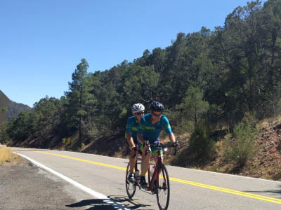 Two cyclists in turquoise jerseys ride a tandem bicycle down a smooth paved road by a mountainside covered with pine trees.
